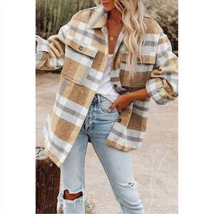 NEW LILY CLOTHING casual plaid button down jacket in khaki